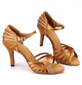 Bronze Women's Latin Ballroom Dance Shoes competition professional tango waltz flamenco dance Satin Rhinestone Soft Sole High Heels 8.5cm heel height Dance Shoes